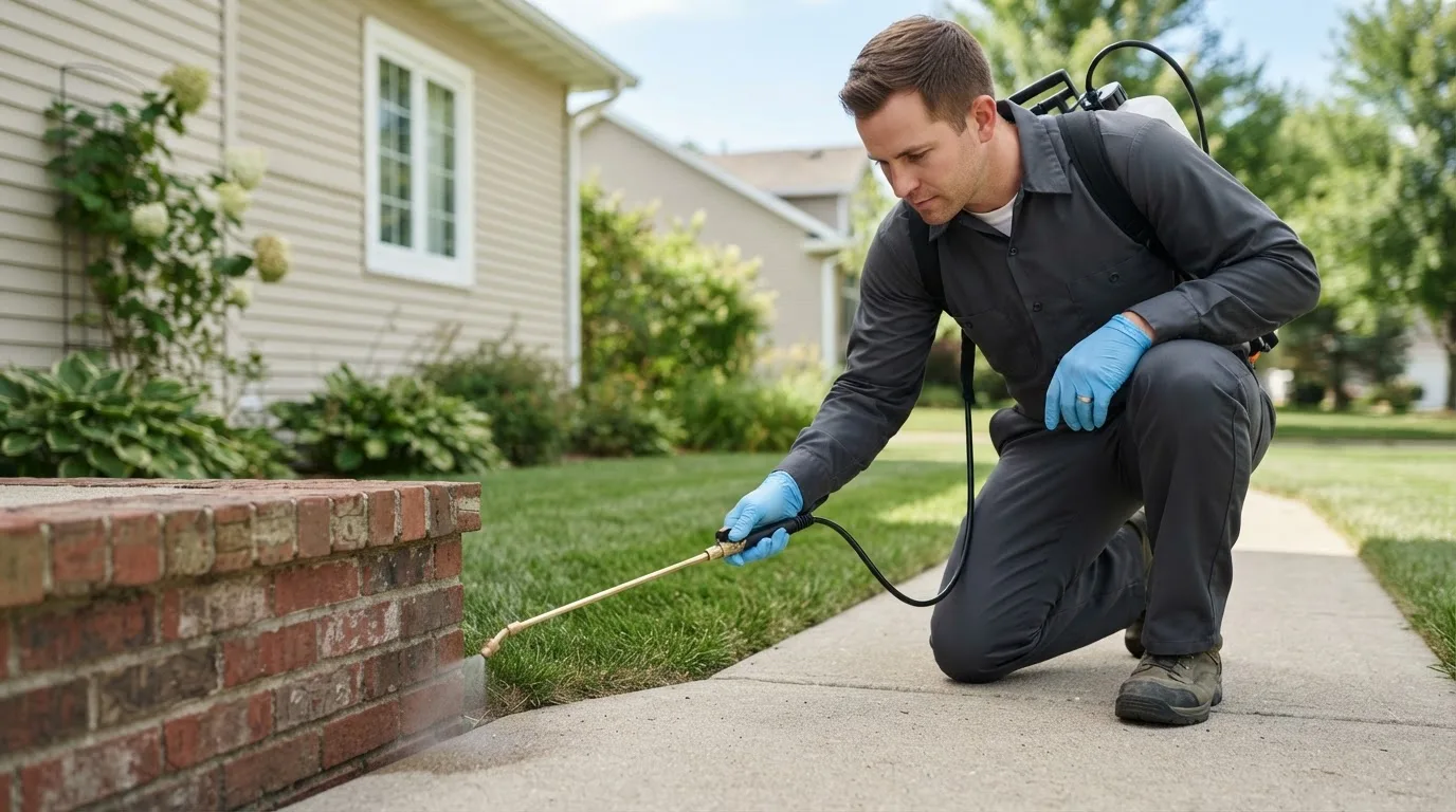 Pest control technician treating a home near Ira, IA