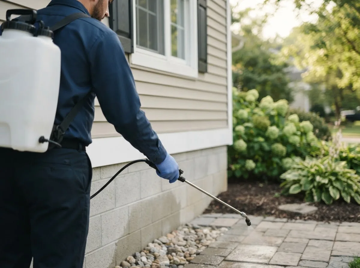 Pest control technician inspecting a home in Ira, IA